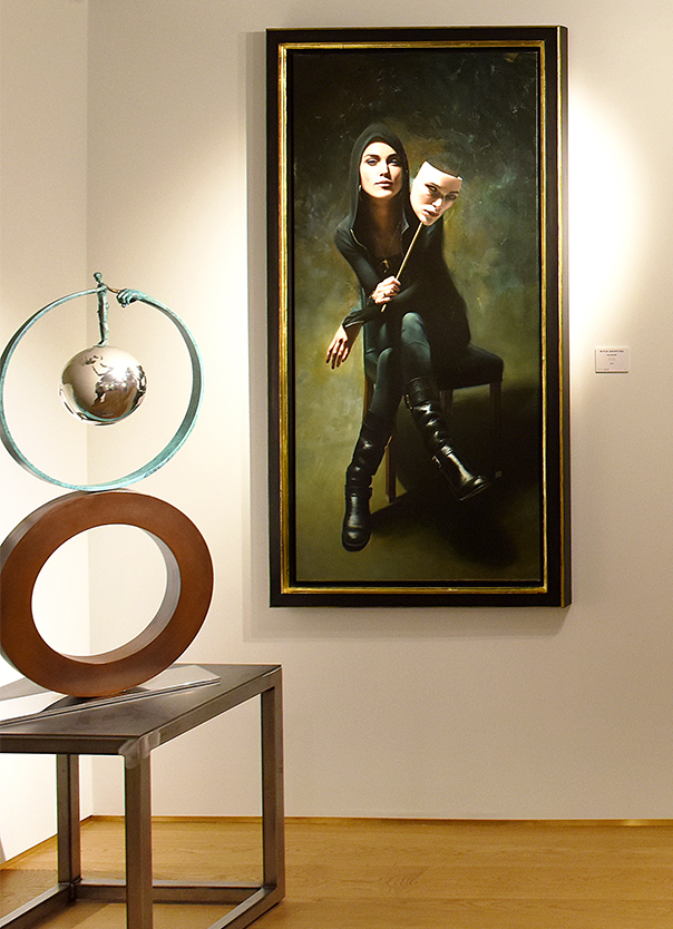 Mitch Griffiths picture on the wall of the Halcyon Gallery and a sculpture
